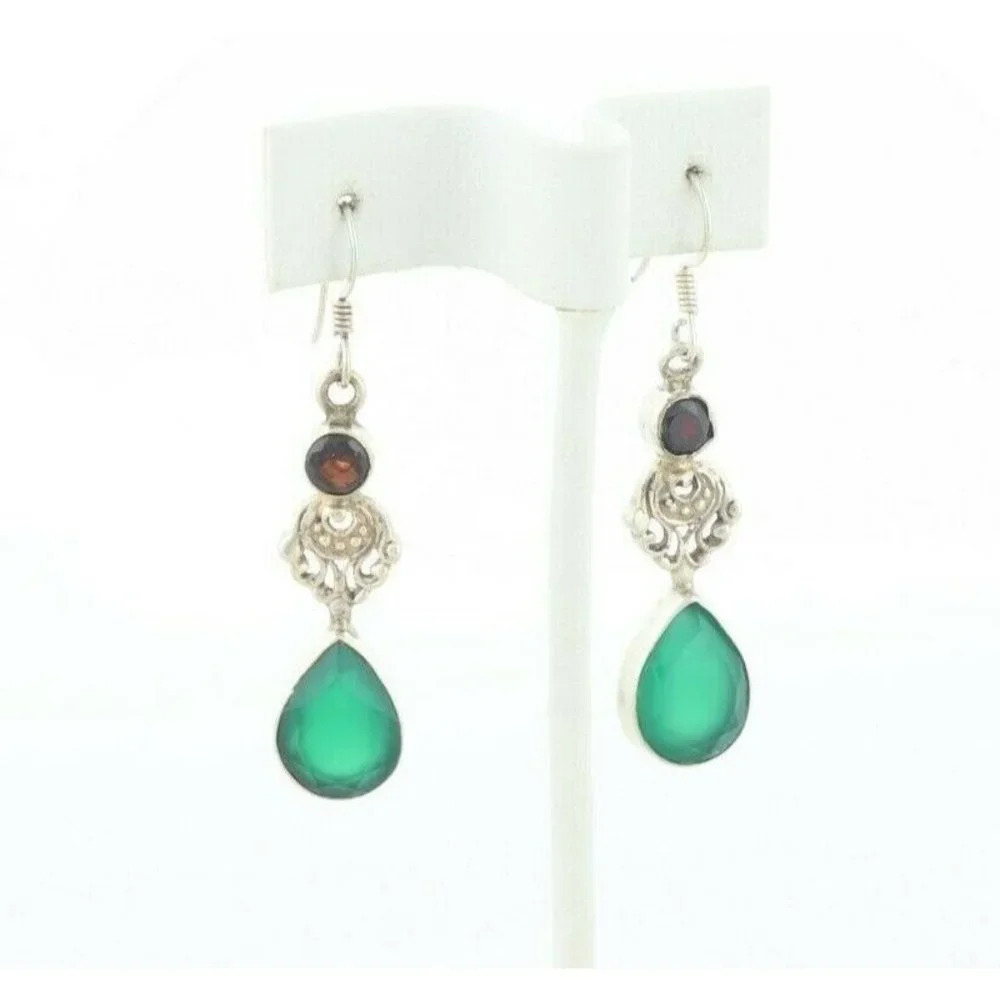 Sterling Silver Garnet and Green Onyx Dangle Drop Earrings - Picture 1 of 7